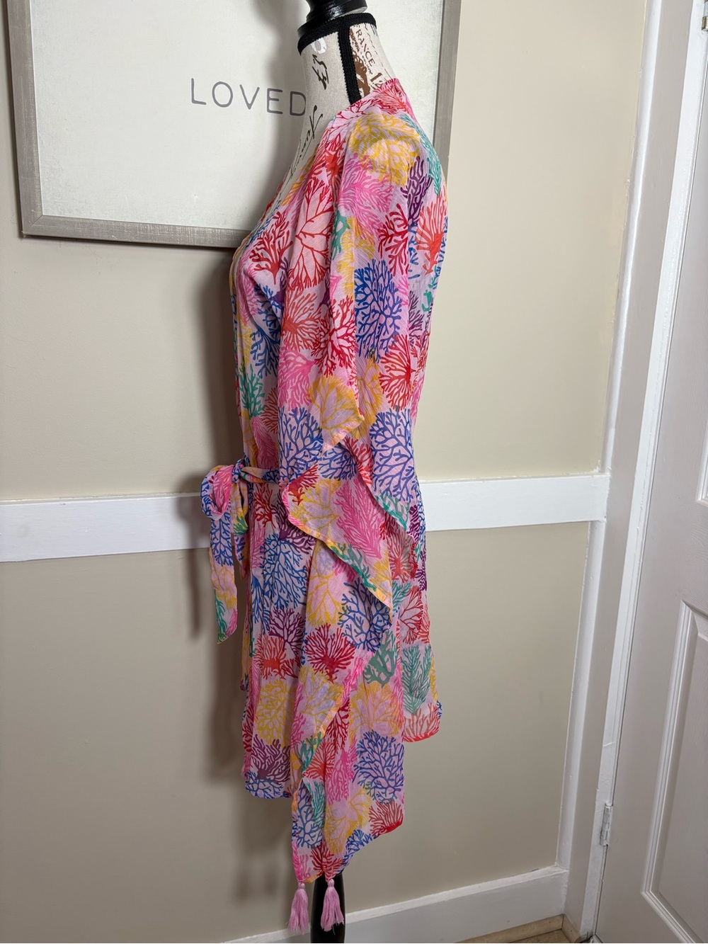 America & Beyond Coral Print Tassel Kimono Cover Up Beach Resort - Picture 5 of 11